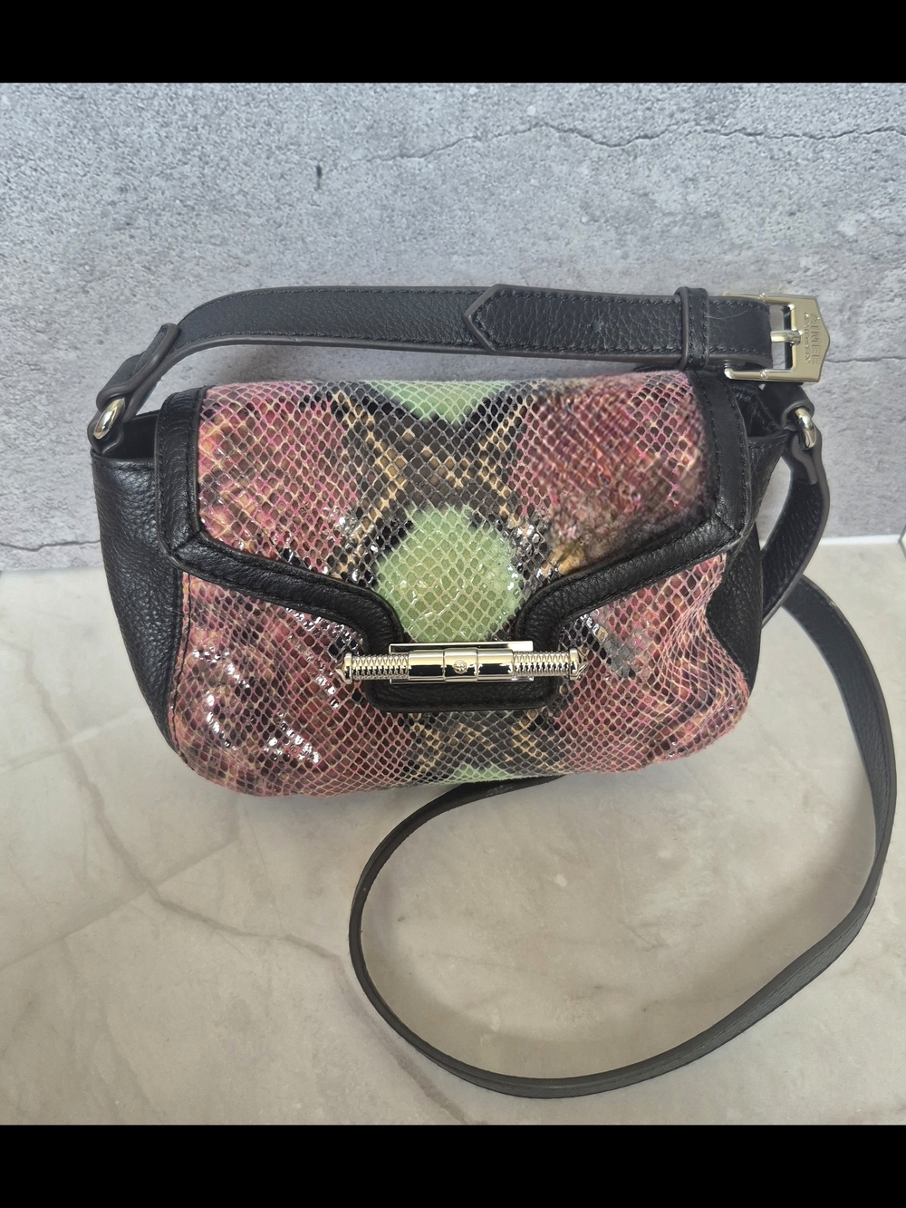 Black Leather Crossbody with Pink & Green Python-Print Panel